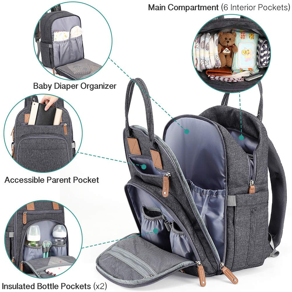Diaper Bag Backpack, Large Unisex Baby Bags Multifunction Travel Back Pack for Mom and Dad with Changing Pad and Stroller Straps, Dark Gray