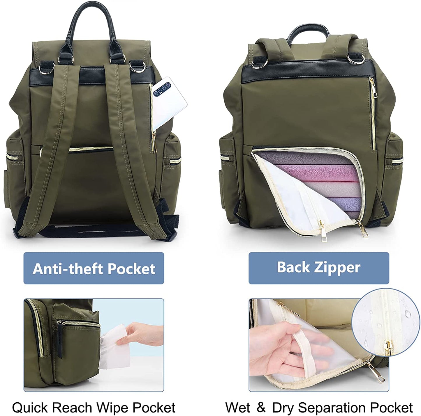 Baby Diaper Bag Backpack with Stroller Hooks, Multi-Function Stylish Travel Diaper Back Pack for Mom and Dad, Baby Changing Bag, Maternity Nappy Bag for Boys and Girls, Large Capacity, Green