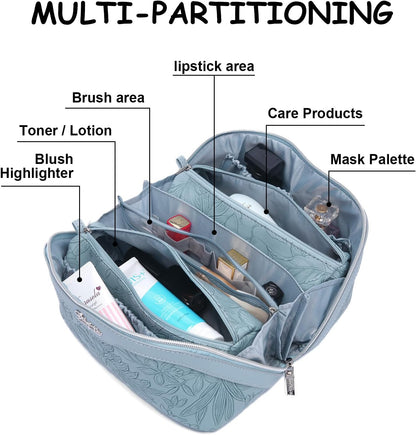 Travel Makeup Bags Cosmetic Organizer Bag: 3-Set Large Capacity Make up Bag - PU Leather Toiletry Bags for Women - Wide Open Portable Pouch with Divider & Handle (01-Light Blue)