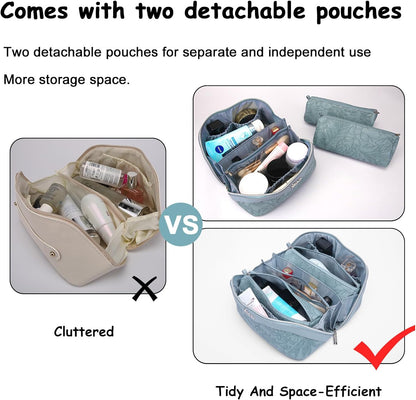 Travel Makeup Bags Cosmetic Organizer Bag: 3-Set Large Capacity Make up Bag - PU Leather Toiletry Bags for Women - Wide Open Portable Pouch with Divider & Handle (01-Light Blue)