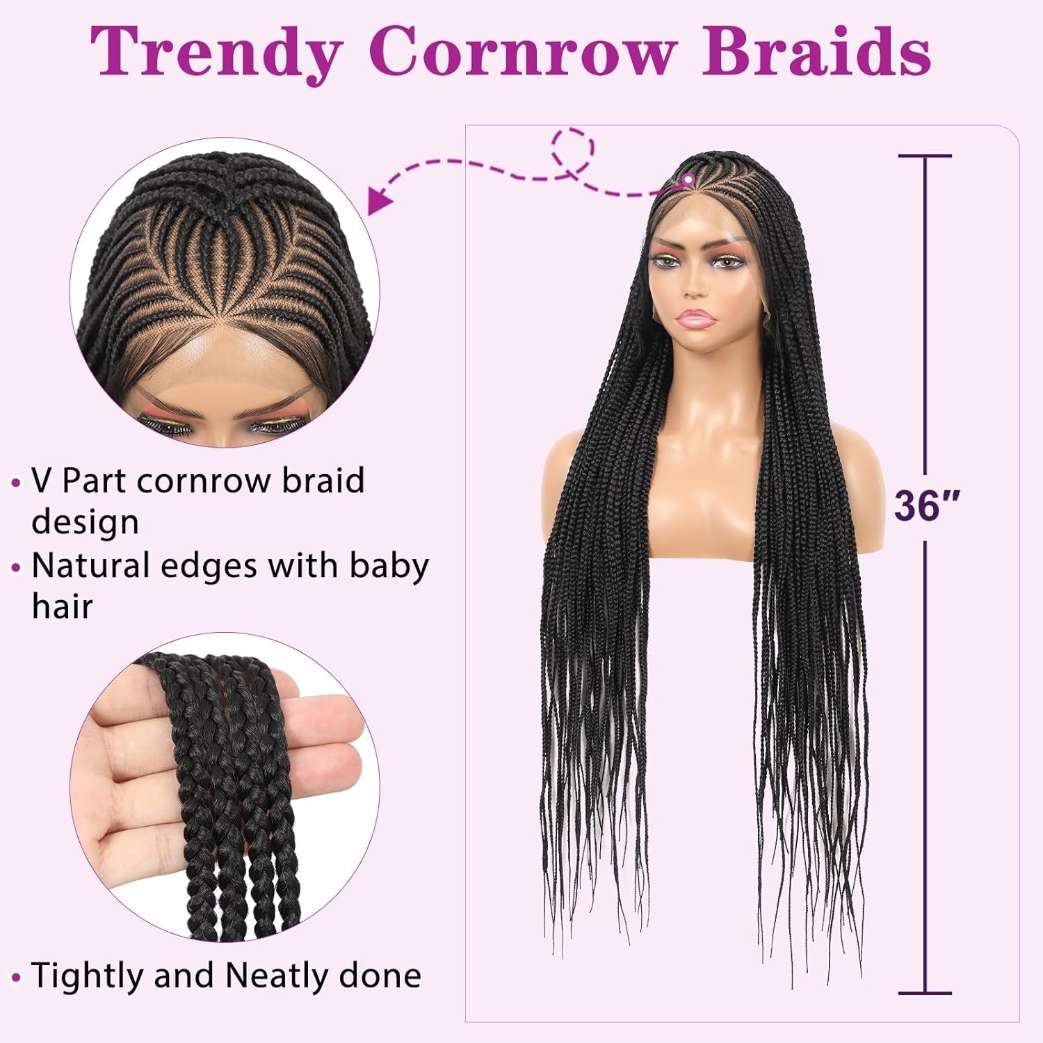 13X8 Inch HD Lace Front Cornrow Braided Wigs for Women Box Braided Wigs with Baby Hair Middle Part Premium Synthetic Lace Front Long Black Box Braid Wig 36 Inch