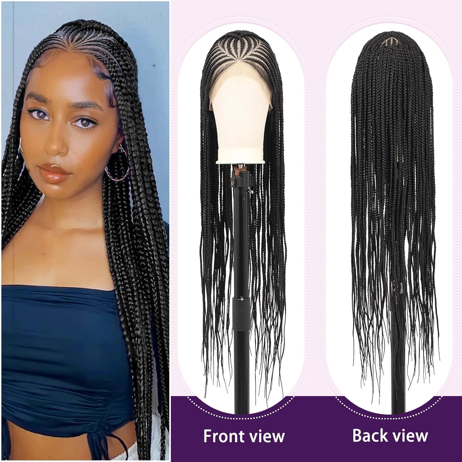 13X8 Inch HD Lace Front Cornrow Braided Wigs for Women Box Braided Wigs with Baby Hair Middle Part Premium Synthetic Lace Front Long Black Box Braid Wig 36 Inch